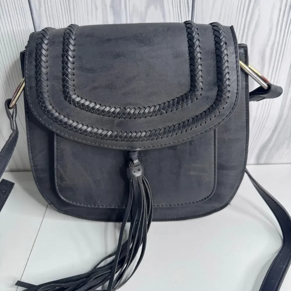 Vintage Franco Sarto Grey Saddle Bag Crossbody Purse Gray Leather Tassels 10x9